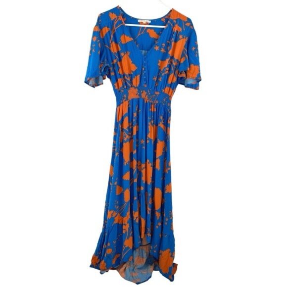 Abel the Label Blue and Orange Midi Hi Low Floral Dress